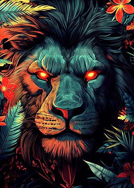 Lion with Glowing Eyes in Jungle