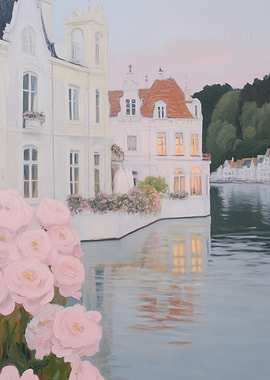 Romantic Riverside Village | European Architecture & Floral Art Print