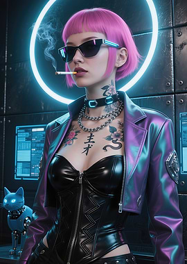 Cyberpunk Fuchsia Pink Undercut Girl with Obsidian Sunglasses and Robotic Cat