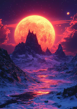 Crimson Moon over Snowy Mountains