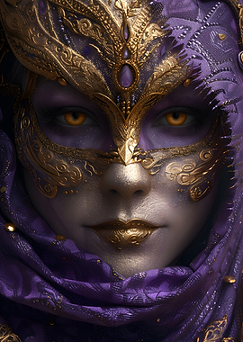 Golden Masked Woman in Purple Veil