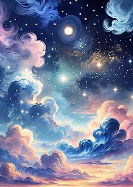 Dreamy Celestial Cloudscape with Face