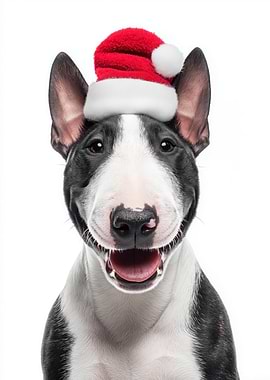 Festive Miniature Bull Terrier with Santa Hat