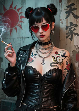 Tokyo Girl with Heart-Shaped Red-Tinted Sunglasses and Japanese Tattoos