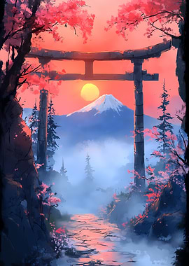 Japanese Landscape with Torii Gate