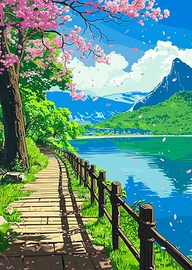 Cherry Blossom Path by Lake