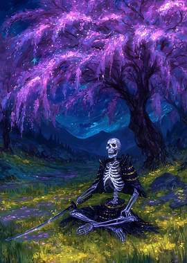 Samurai Skeleton Under Cherry Blossom Tree