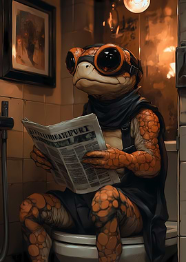 Anthropomorphic Turtle Reading Newspaper on Toilet
