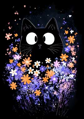 Black Cat in Flowers