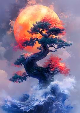 Bonsai Tree, Moon, and Ocean Waves