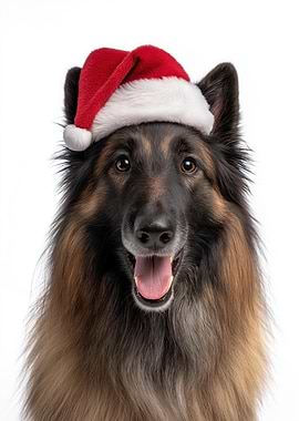 Belgian Tervuren Dog with Santa Hat