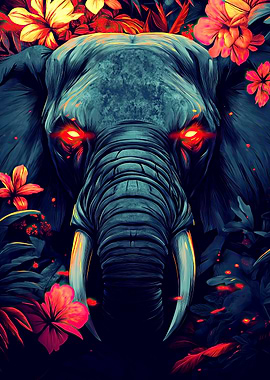 Floral Elephant with Glowing Eyes