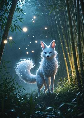 Mystical White Kitsune in Bamboo Forest