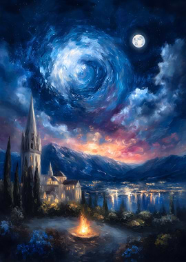Night Landscape with Castle and Moon