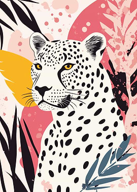 Abstract Leopard Illustration with Tropical Leaves