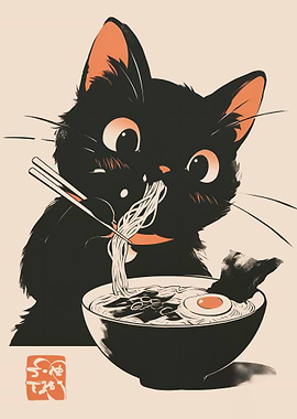 Black Cat Eating Ramen