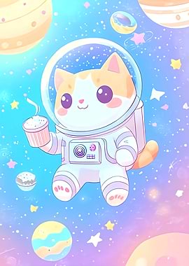 Astronaut Cat in Space with Coffee