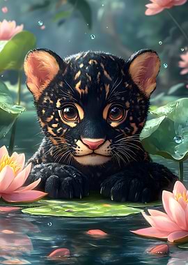 Cute Black Jaguar Cub in Water Lilies