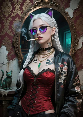 Icy White Haired Girl with Cat-Eye Sunglasses and Jade Cigarette