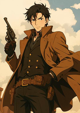 Anime Gunslinger with Brown Coat