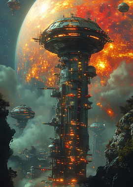 Futuristic Cityscape with Tower and Planet