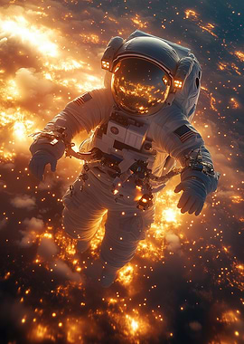 Astronaut in Space with Fiery Background