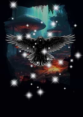 Raven in a magical mushroom forest