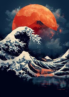 Great Wave with Mount Fuji and Moon