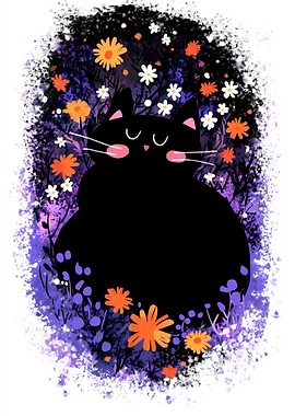 Black Cat in Floral Garden