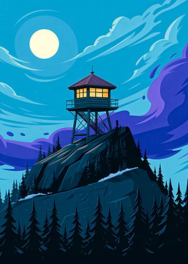 Moonlit Watch: Fire Tower in the Mountains