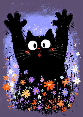 Black Cat in Flowers Illustration