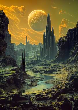 Alien Landscape with Moon and Spires