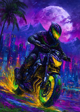 Motorcycle Rider in a Vibrant Cityscape