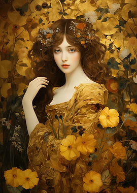 Golden Garden Muse | Klimt-Inspired Floral Woman Portrait Art Print