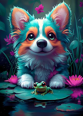 Corgi and Frog in a Pond