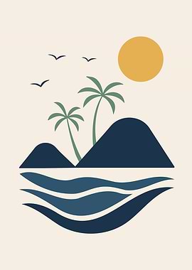 Minimalist Tropical Island Landscape Illustration