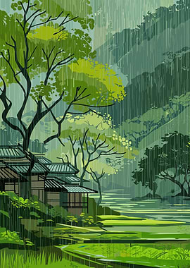 Rainy Japanese Landscape with Traditional Houses