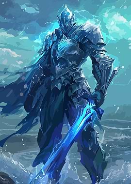 Blue Knight with Sword in Ocean