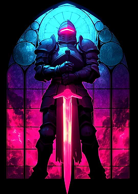 Celestial Pixel Art Knight with Glowing Sword