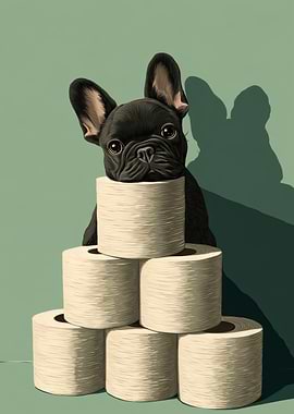 French Bulldog with Toilet Paper Pyramid