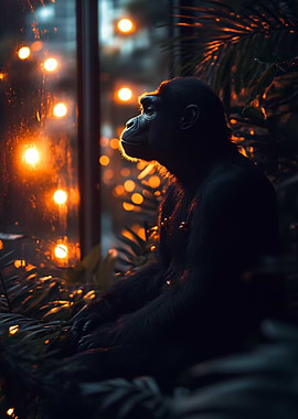 Contemplative Chimpanzee by Window with Lights