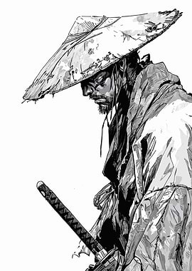 Monochrome Samurai with Straw Hat