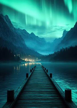 Aurora Borealis Over Lake