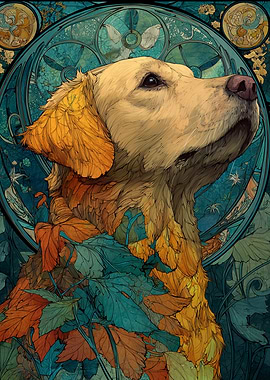 Golden Retriever in Autumnal Art Nouveau