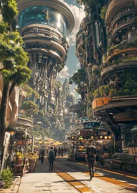 Futuristic Cityscape with Greenery and People