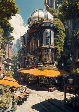 Steampunk Cafe with Nature Elements