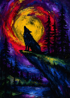 Wolf Howling at Colorful Moon Painting