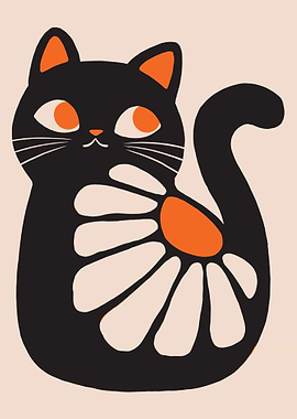 Stylized Black Cat with Floral Design