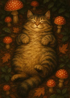 Happy Cat in Mushroom Forest