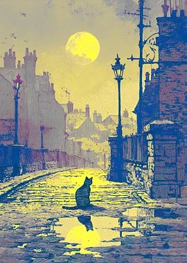 Cat on a Wet City Street